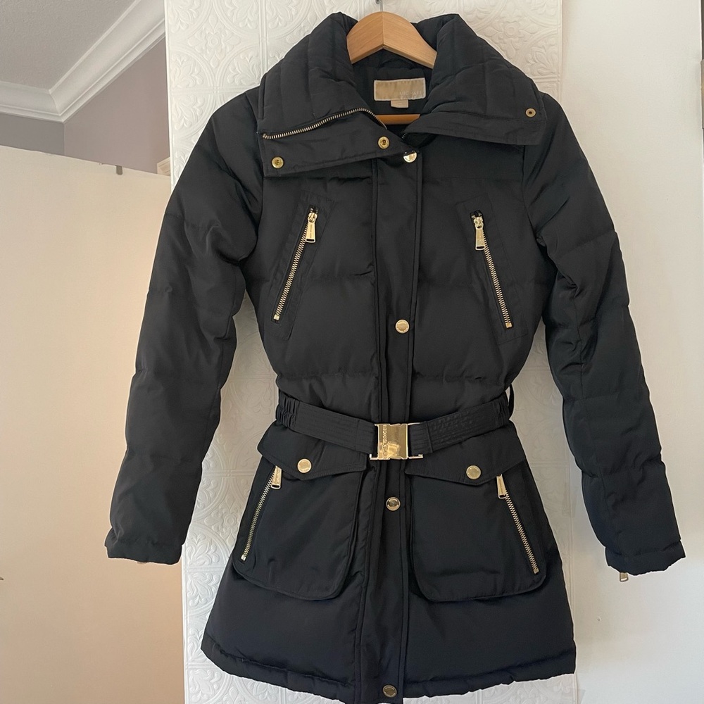 MICHAEL KORS PUFFER COAT WOMEN’S XXS BELTED MID LENGTH DOWN ZIPPERS -NO HOOD VG